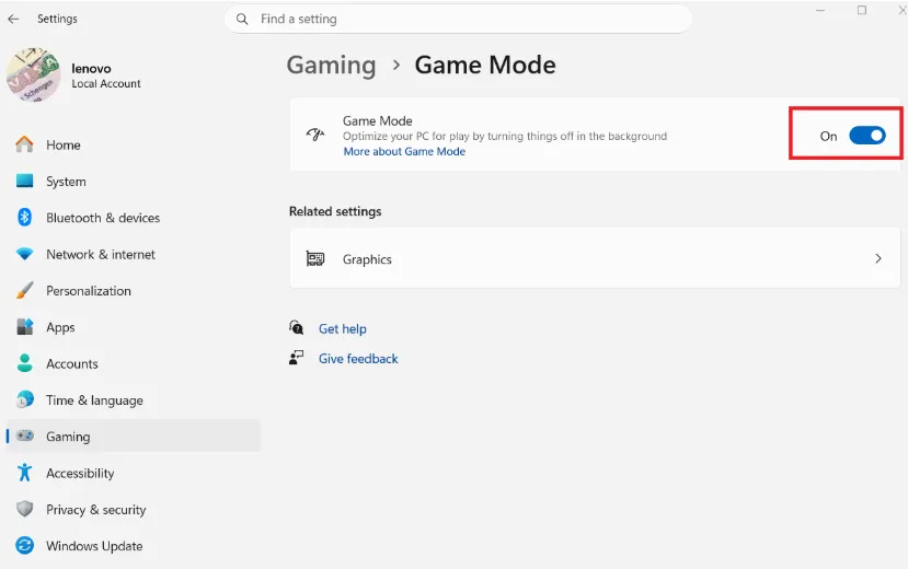 Toggle the Game mode ON to optimize your PC for gaming.