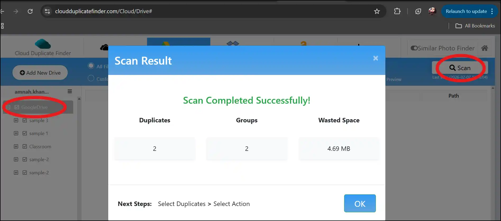 Select drive and initiate scanning process to detect duplicate files.