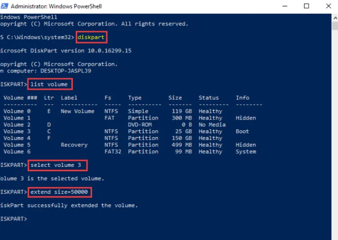 Type prompts to extend the space in C drive.