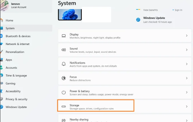 From settings, go to system and storage.
