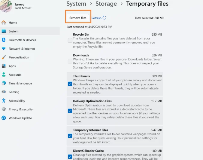Select the large files that are taking up space and remove them.