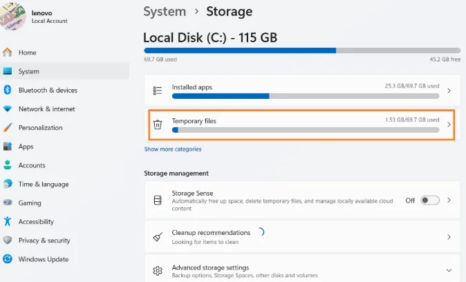 Check the space temp files are consuming on your Windows 11 PC.