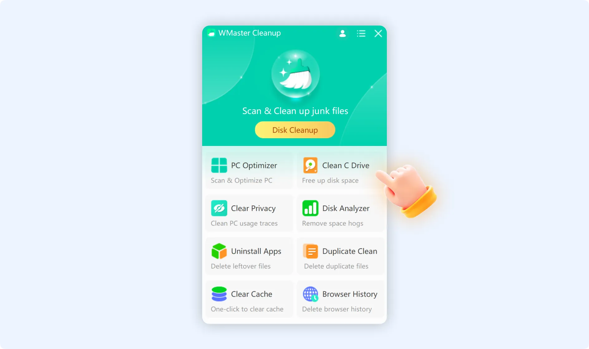 Click Clean C Drive to free up disk space with WMaster Cleanup.