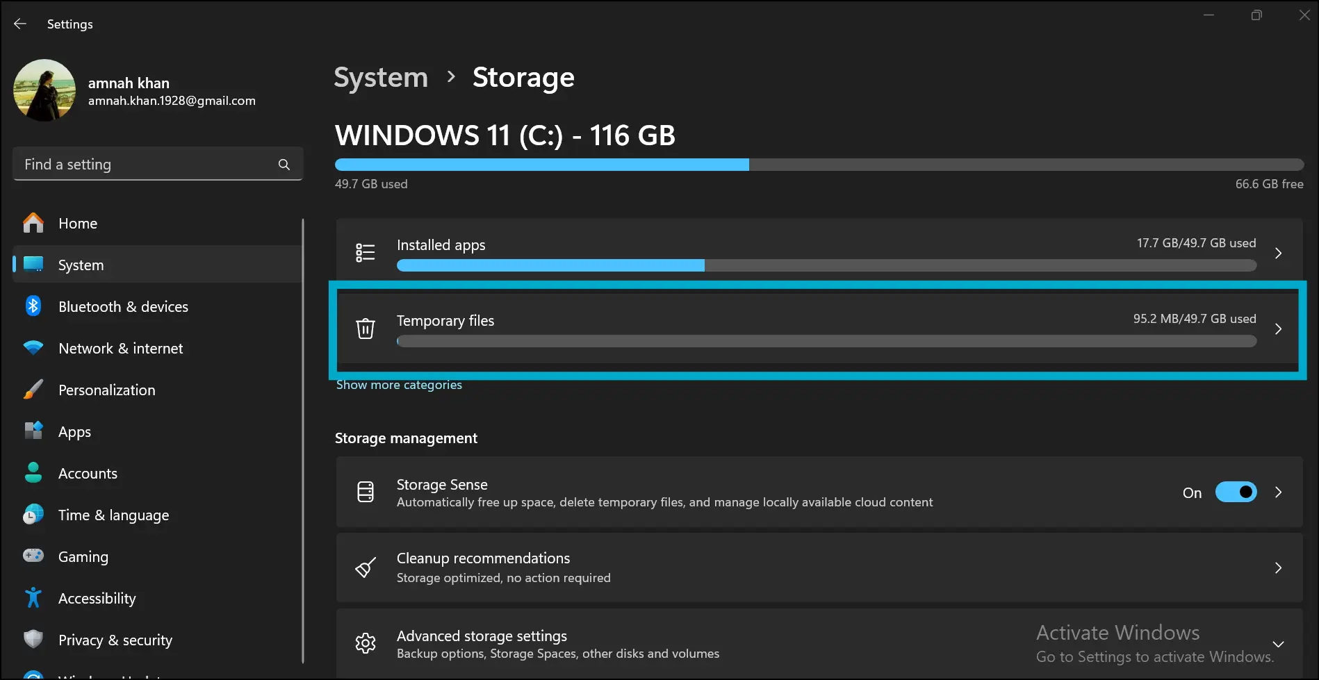 Tap on Temporary Files to view its details in Windows 11 Settings app.