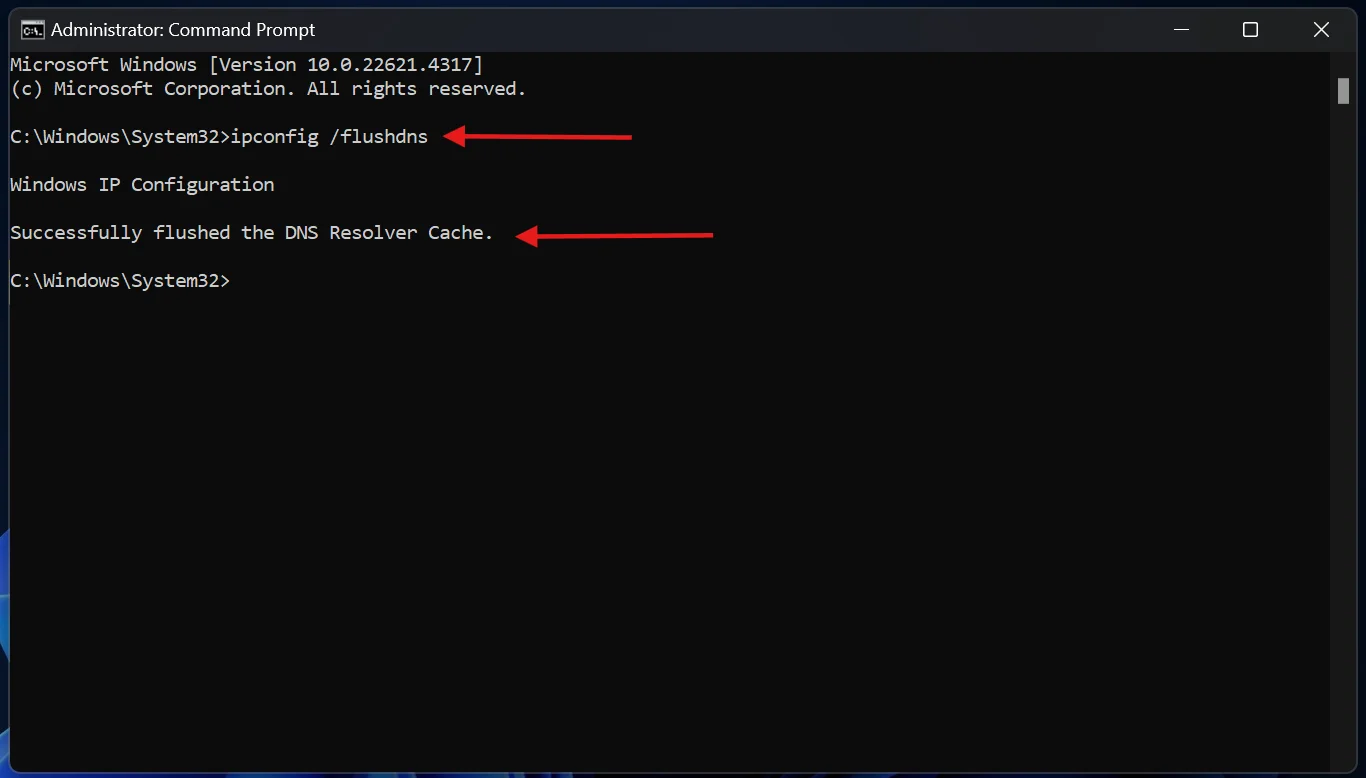 Flush your domain name system cache.