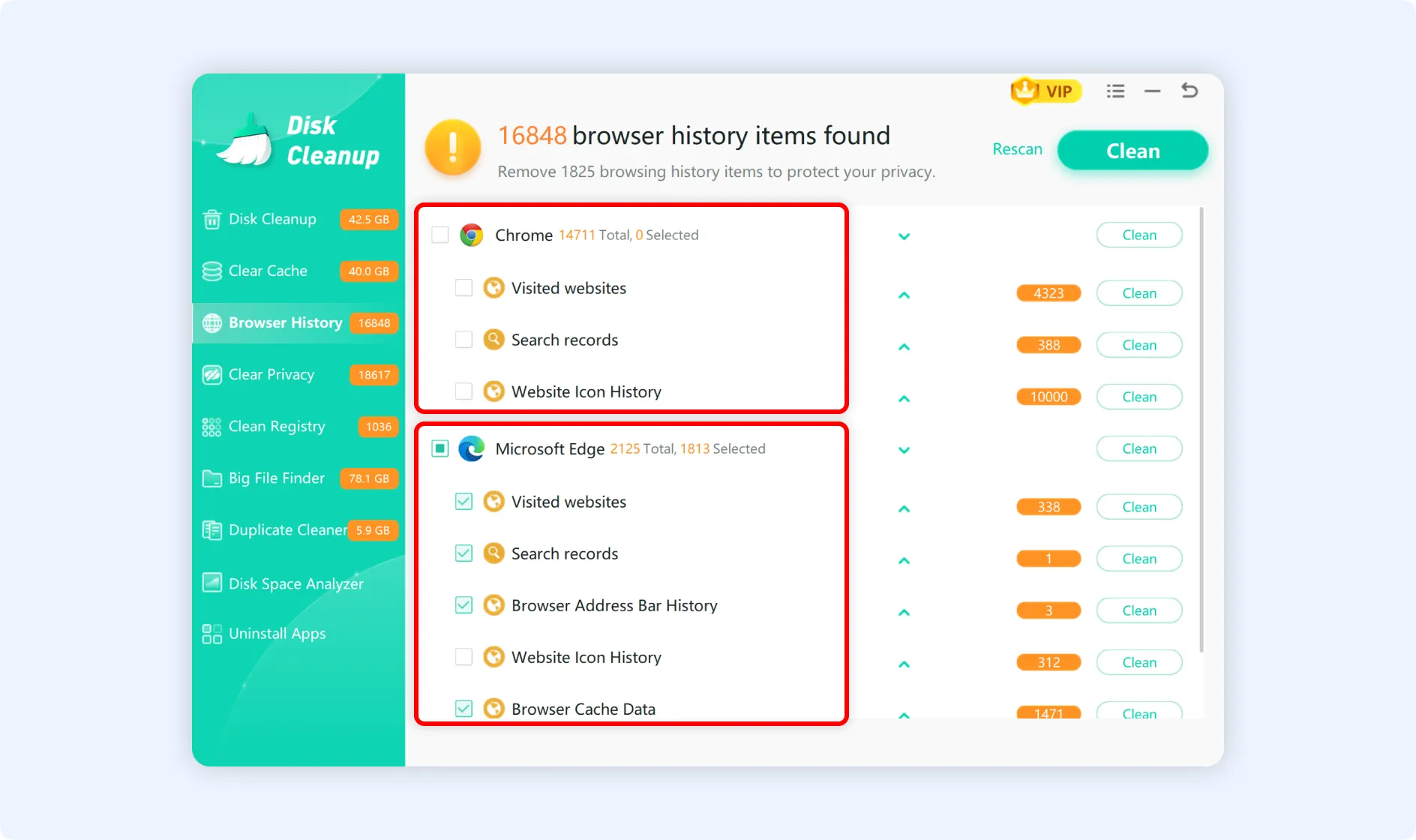 Web browser data is being categorized by browser for easy removal.