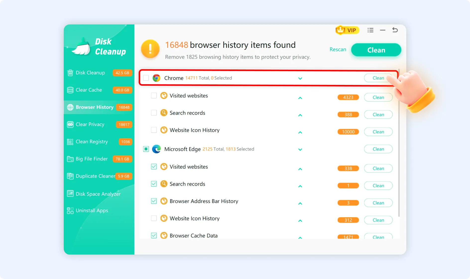 Select specific web browser to delete its entire browsing history.
