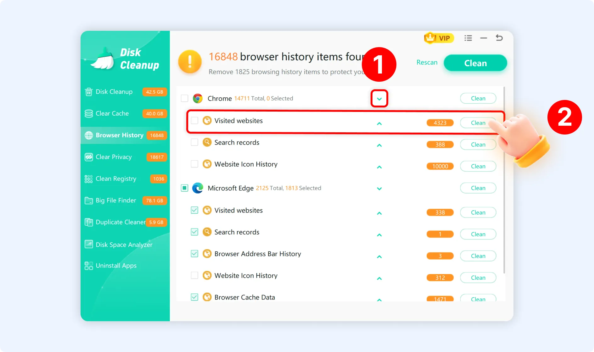  Select specific browsing history item and press Clean to remove it with WMaster Cleanup.