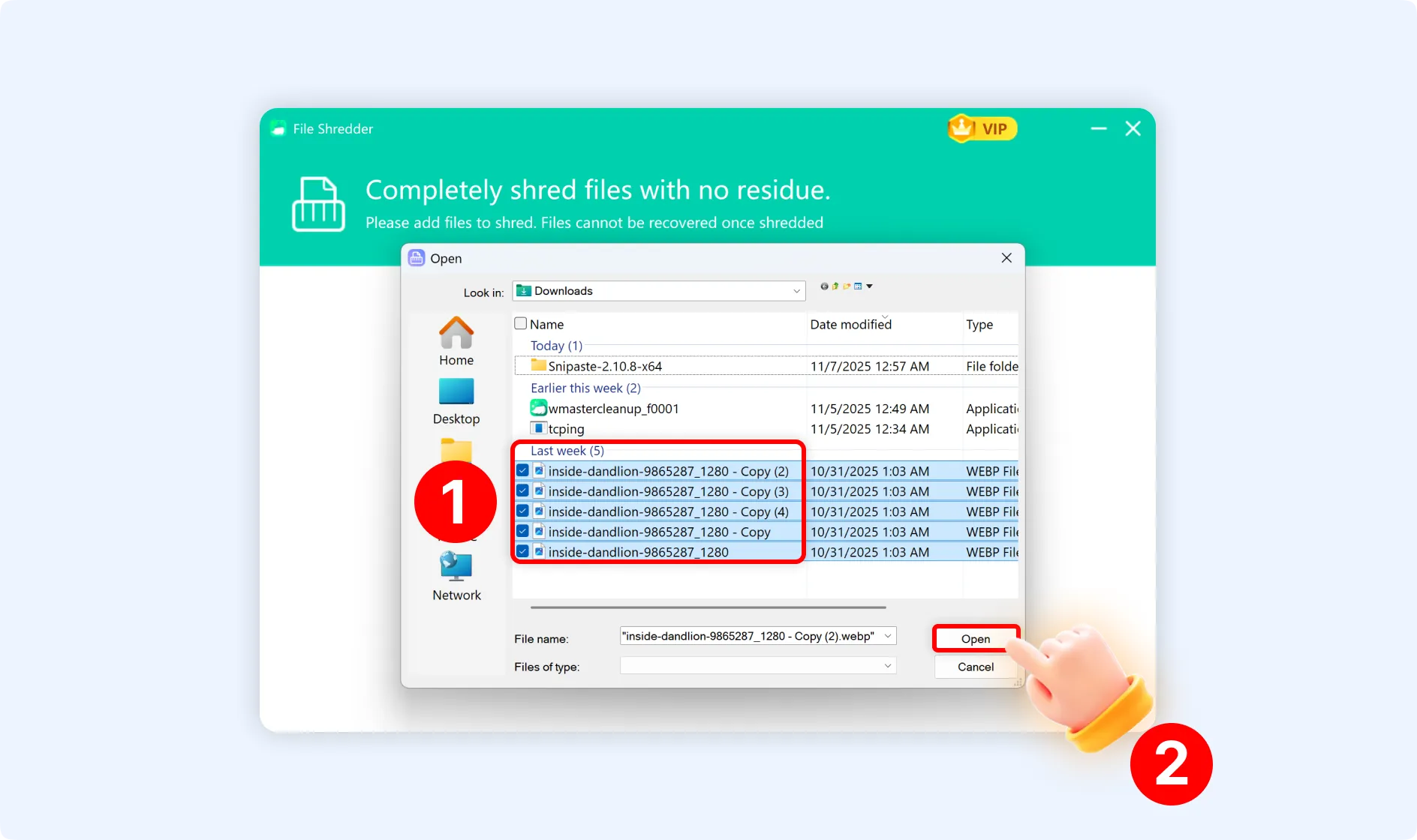 Select files and tap on Open to add them to the File Shredder function panel.