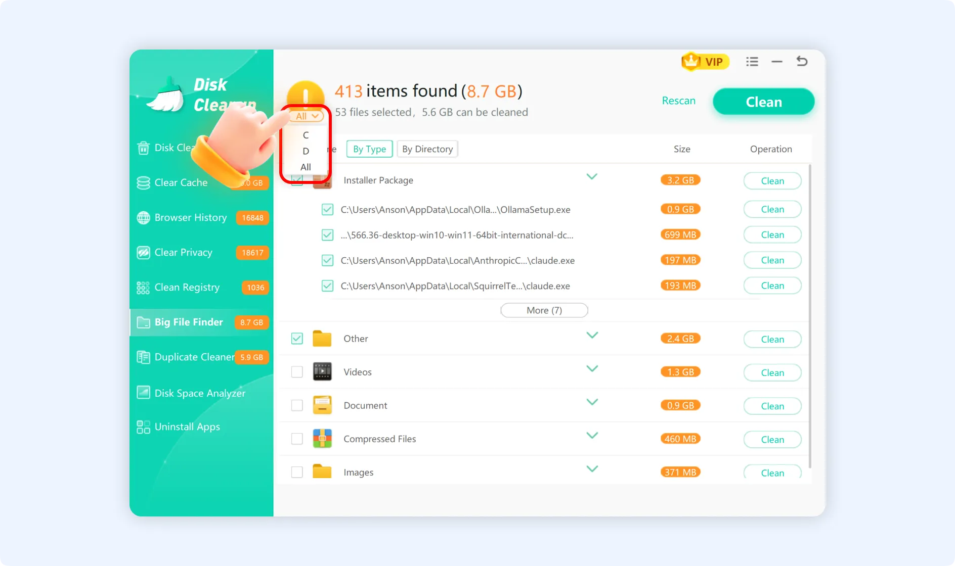 Tap on All to select specific disk for scan using Big File Finder feature.