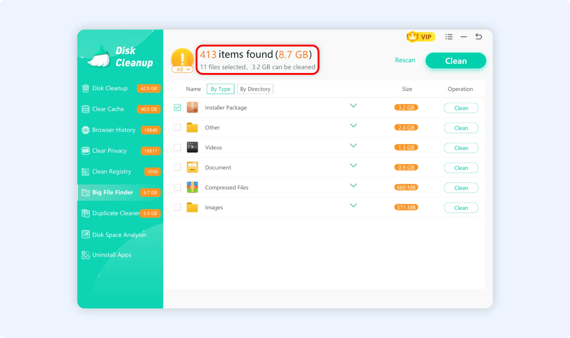 Summary of the scan result is shown on the top of the panel.