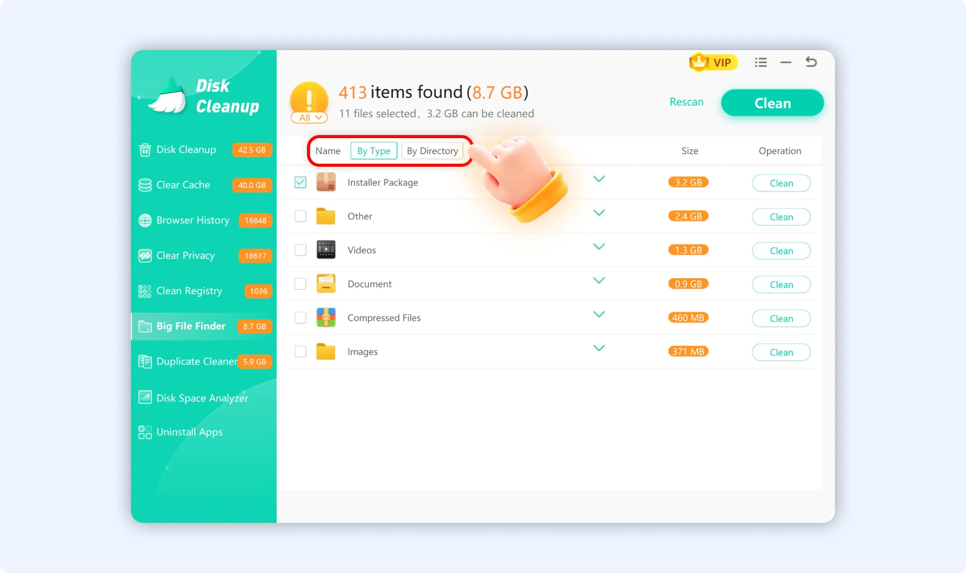 View the scan result by file type or by their directory paths.
