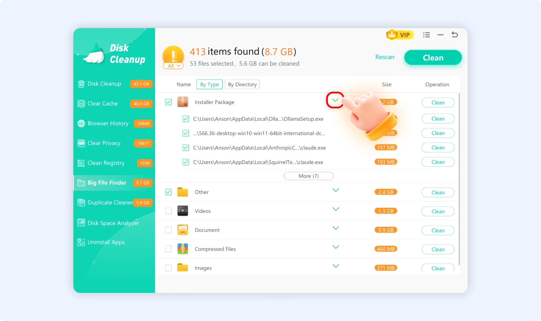 Click triangle symbol to view detailed information about any file.