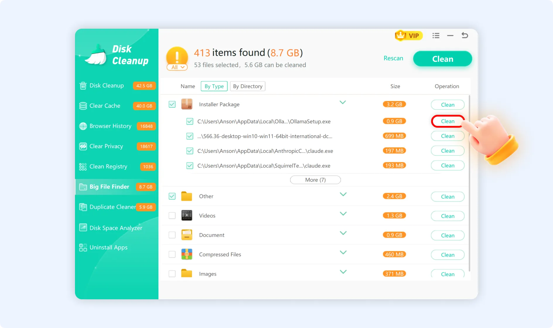 To delete, tap on Clean button available on the far right side of the selected file.