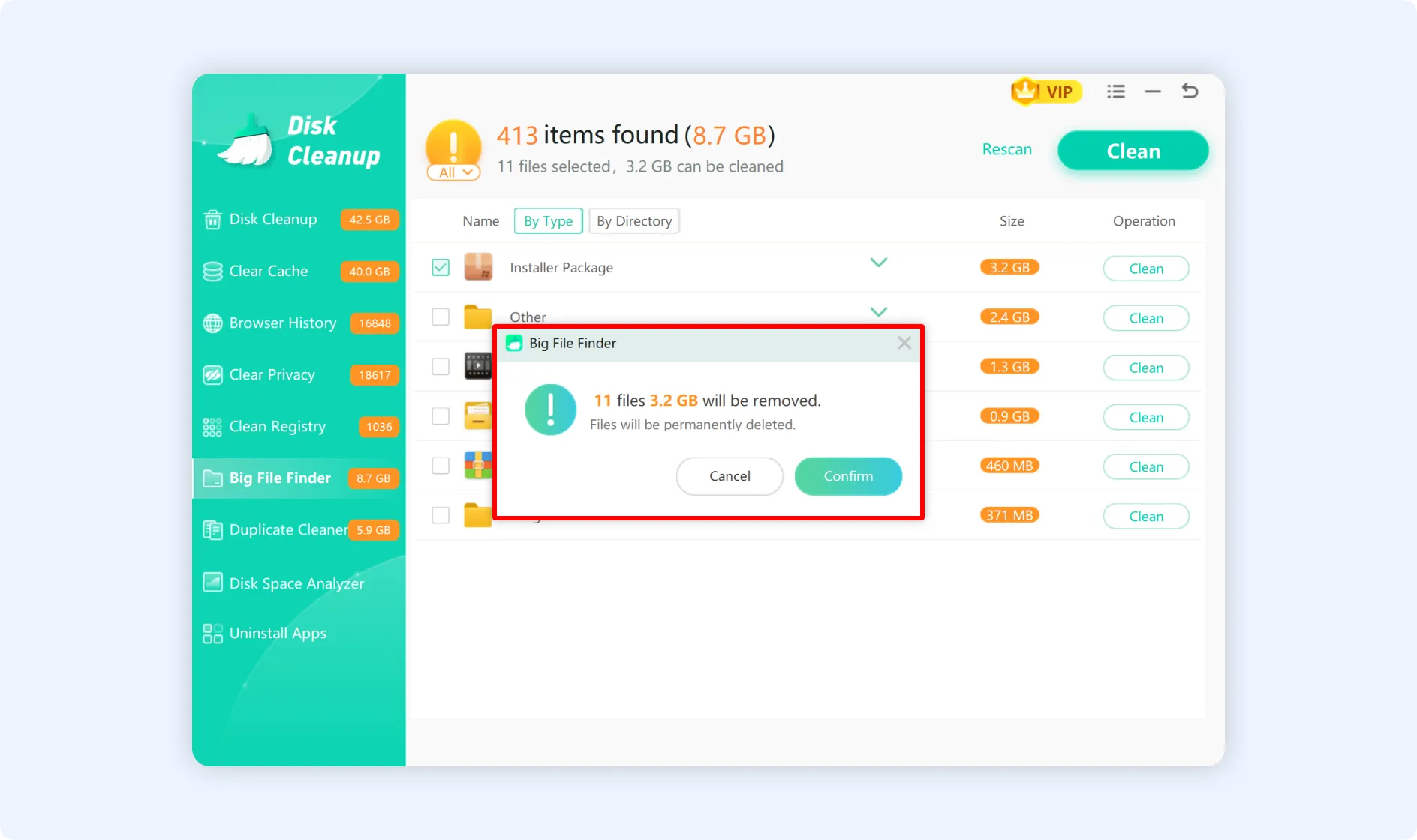 Hit on Confirm to approve the removal of selected big files with WMaster Cleanup.