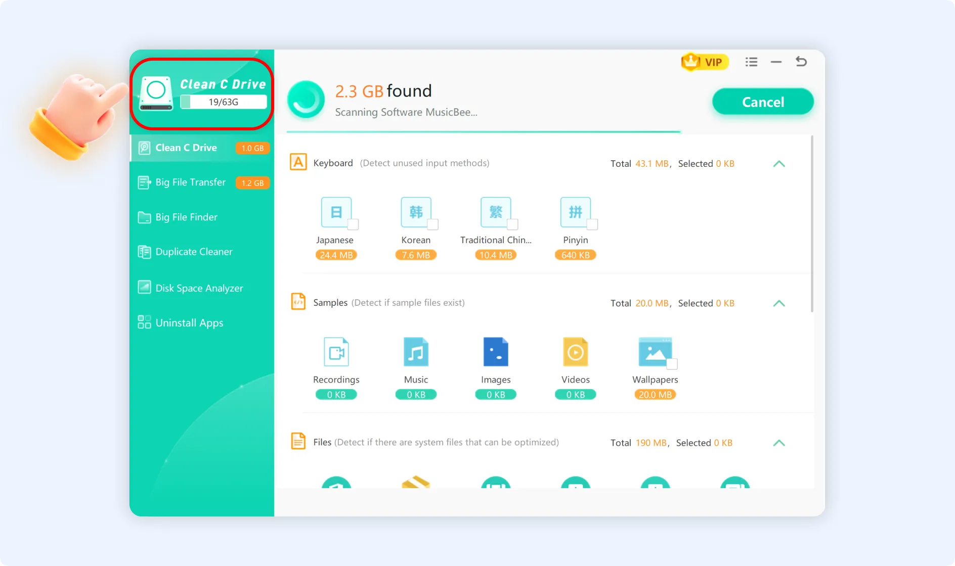Find out available disk space at the top-left corner in the Clean C Drive interface .