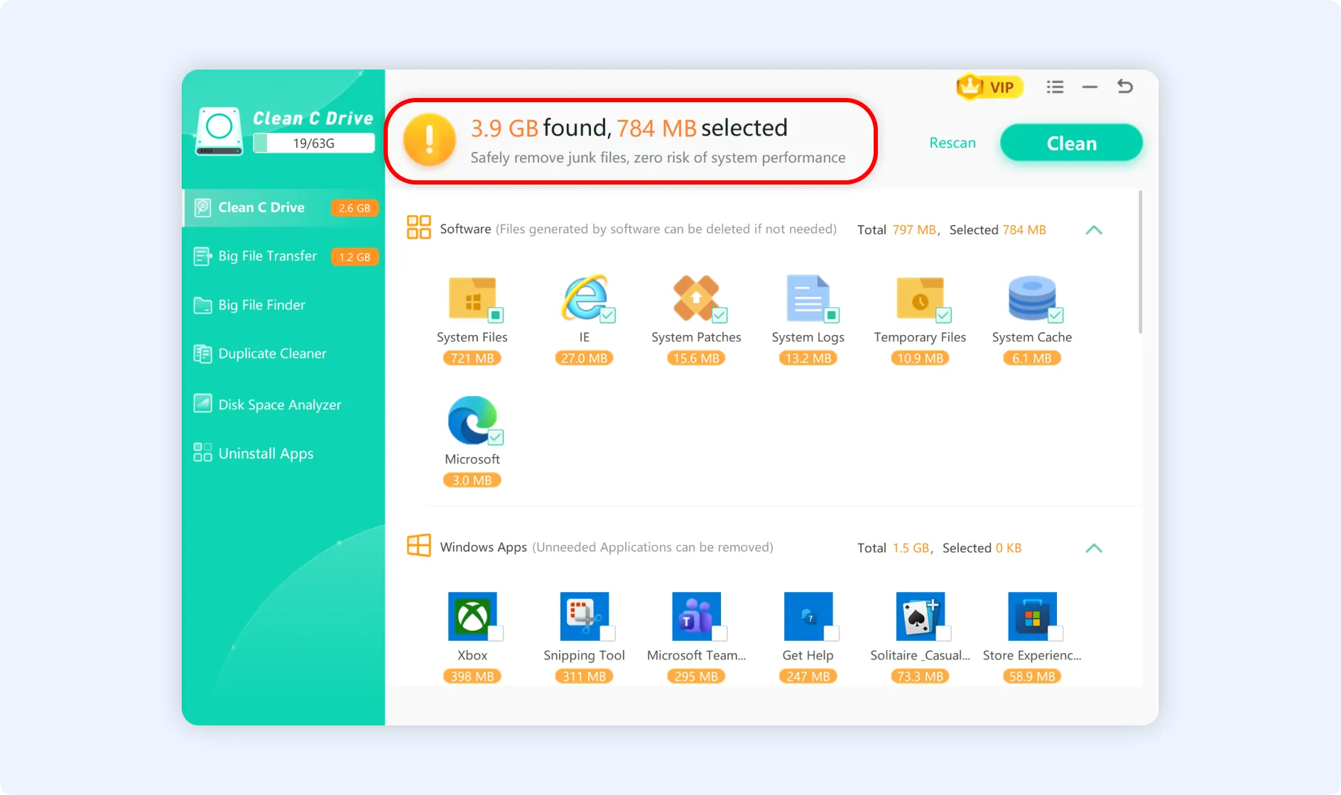 Find out total junk files at the top of the Clean C Drive interface.