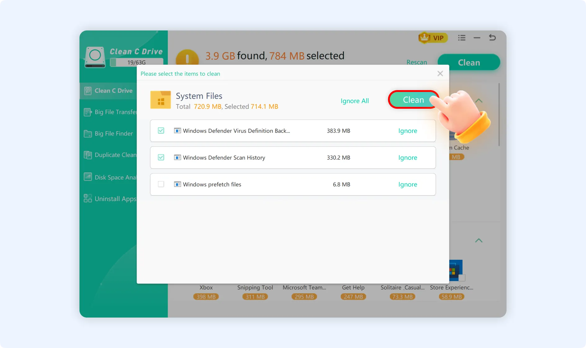 Click Clean to clean up the selected file for cleaner and faster PC.