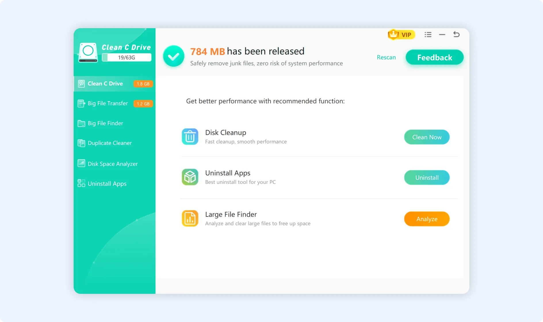 All the desired junk files has been cleaned using Clean C Drive feature.