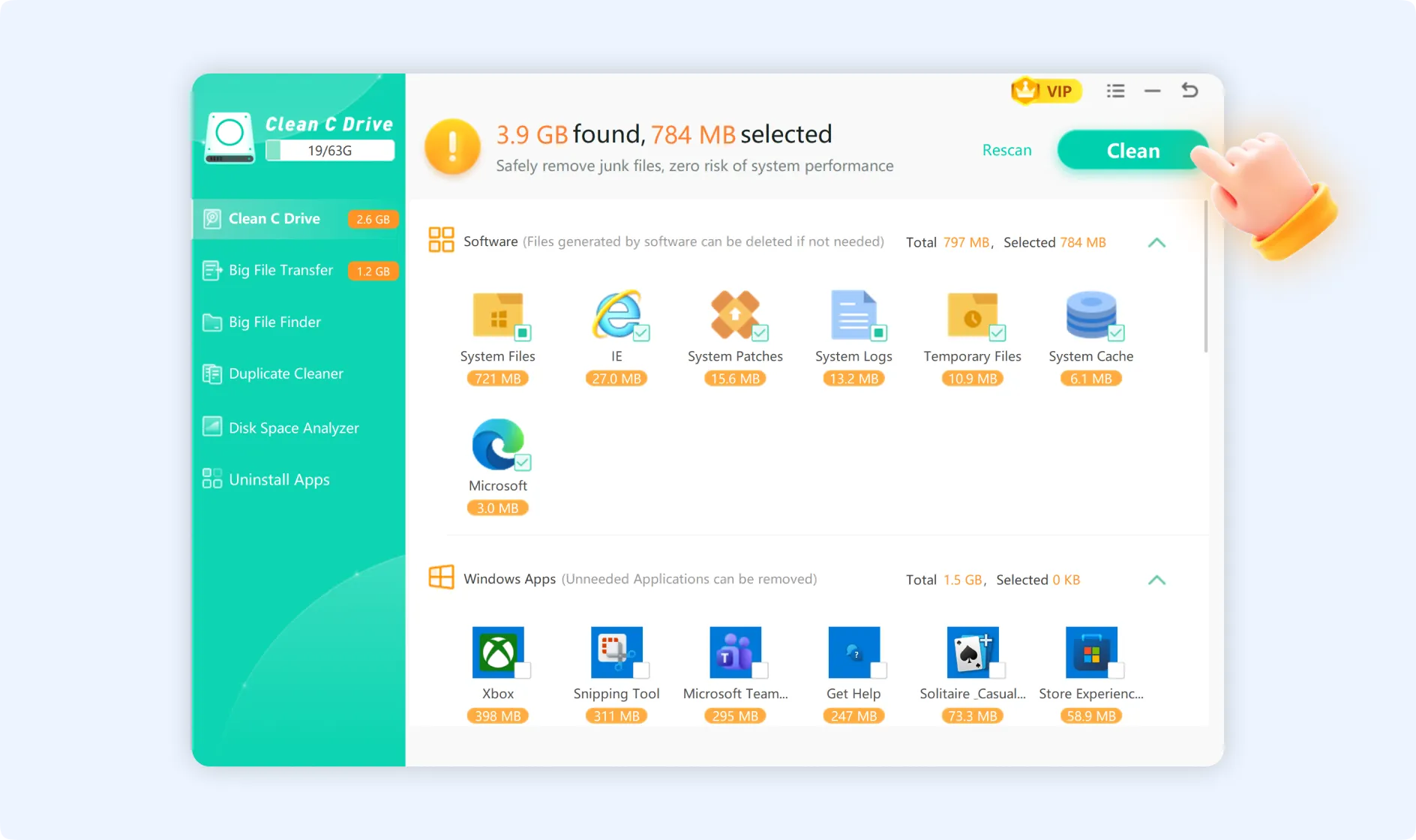 After customization click Clean to free up disk space .