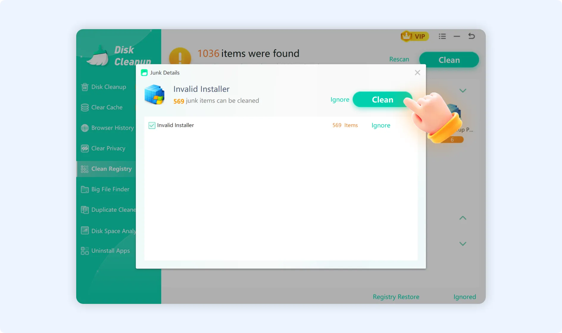 Tap on Clean button to remove junk from desired registry item.