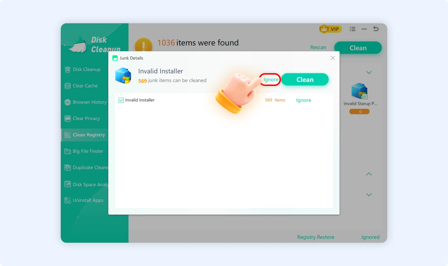 Tap on Ignore to mark registry item as ignored and skip cleaning .