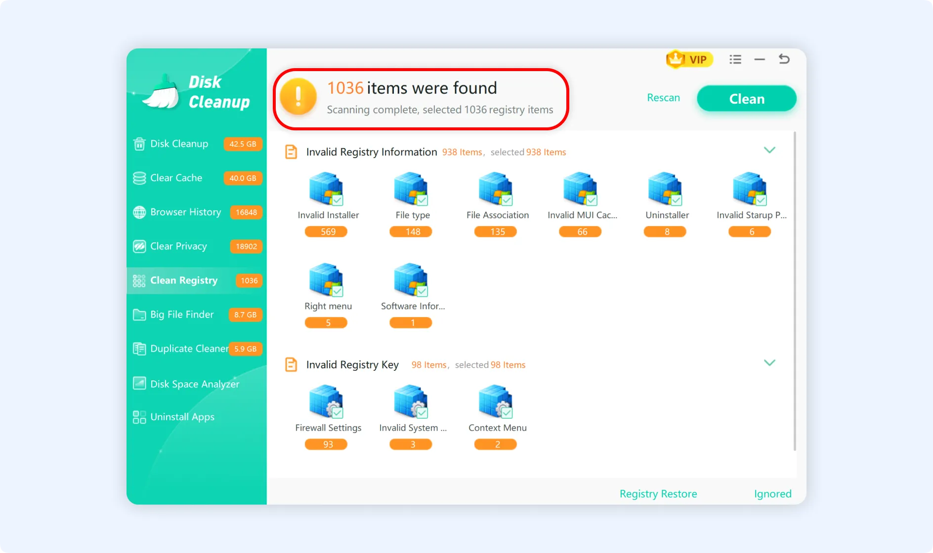 Find out total detected registry items using Clean Registry feature.