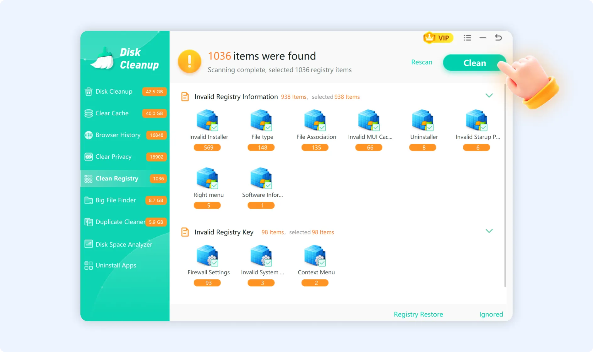 Tap on Clean to remove selected junk from your PC .