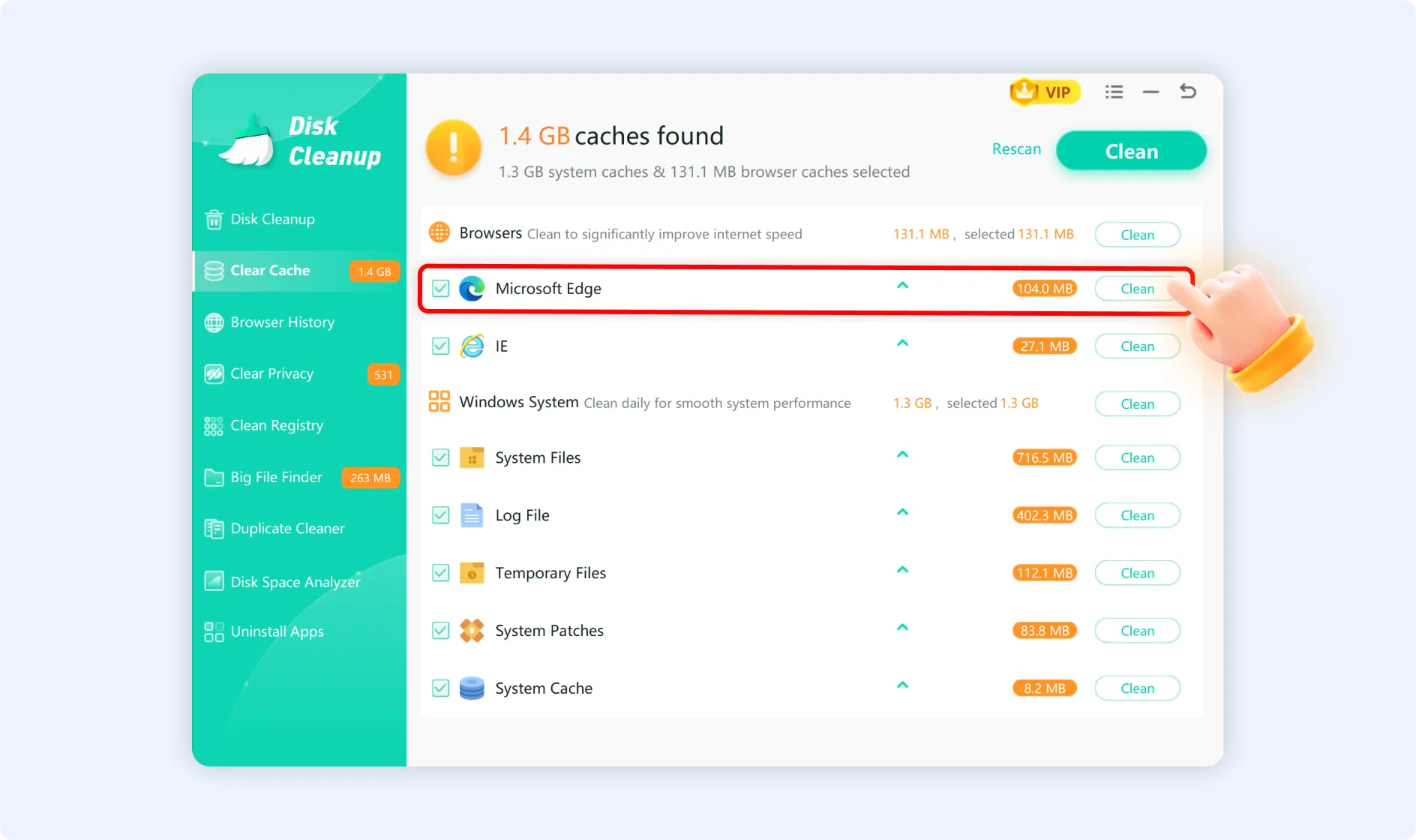 Select specific item and tap Clean to remove its cache files individually.