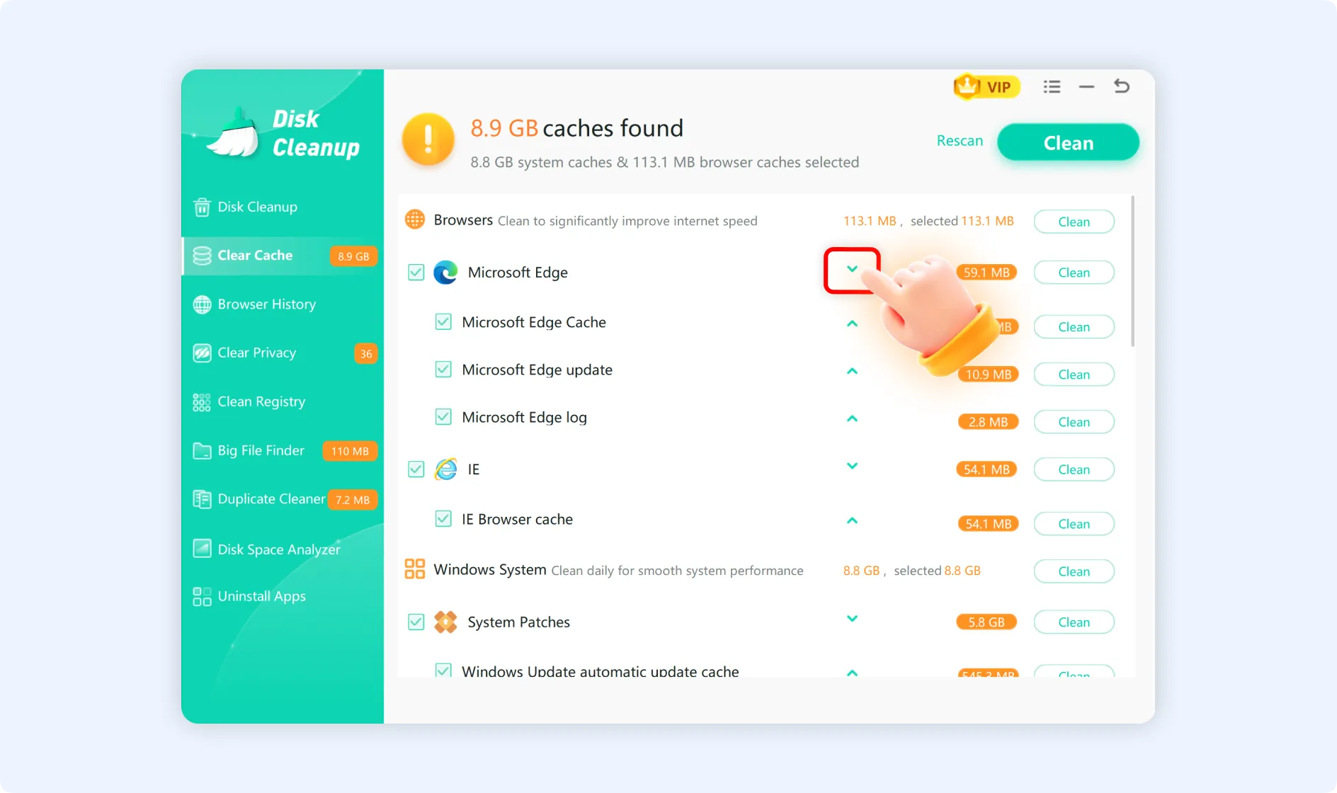 Tap on the triangle button to view the details of an item.