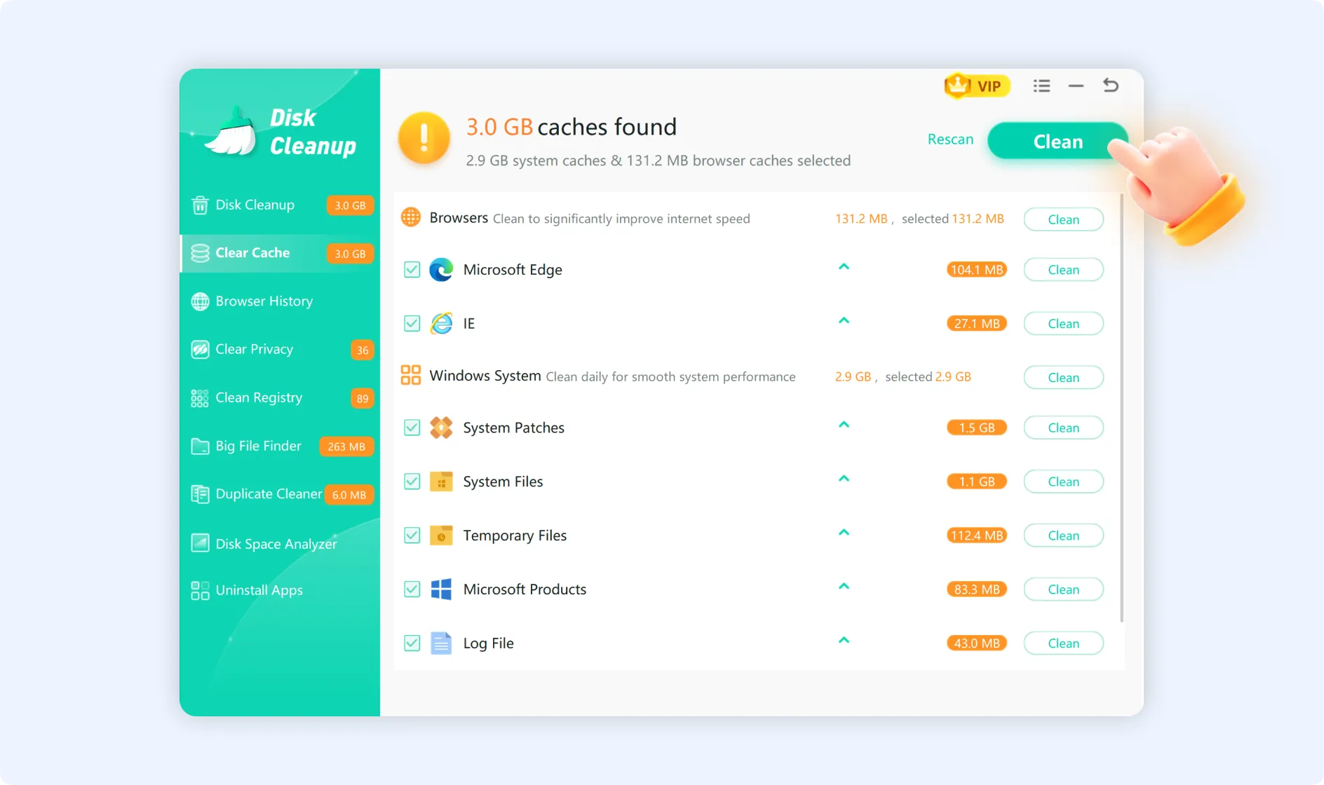 Select the desired items and click Clean to remove system and browser cache.