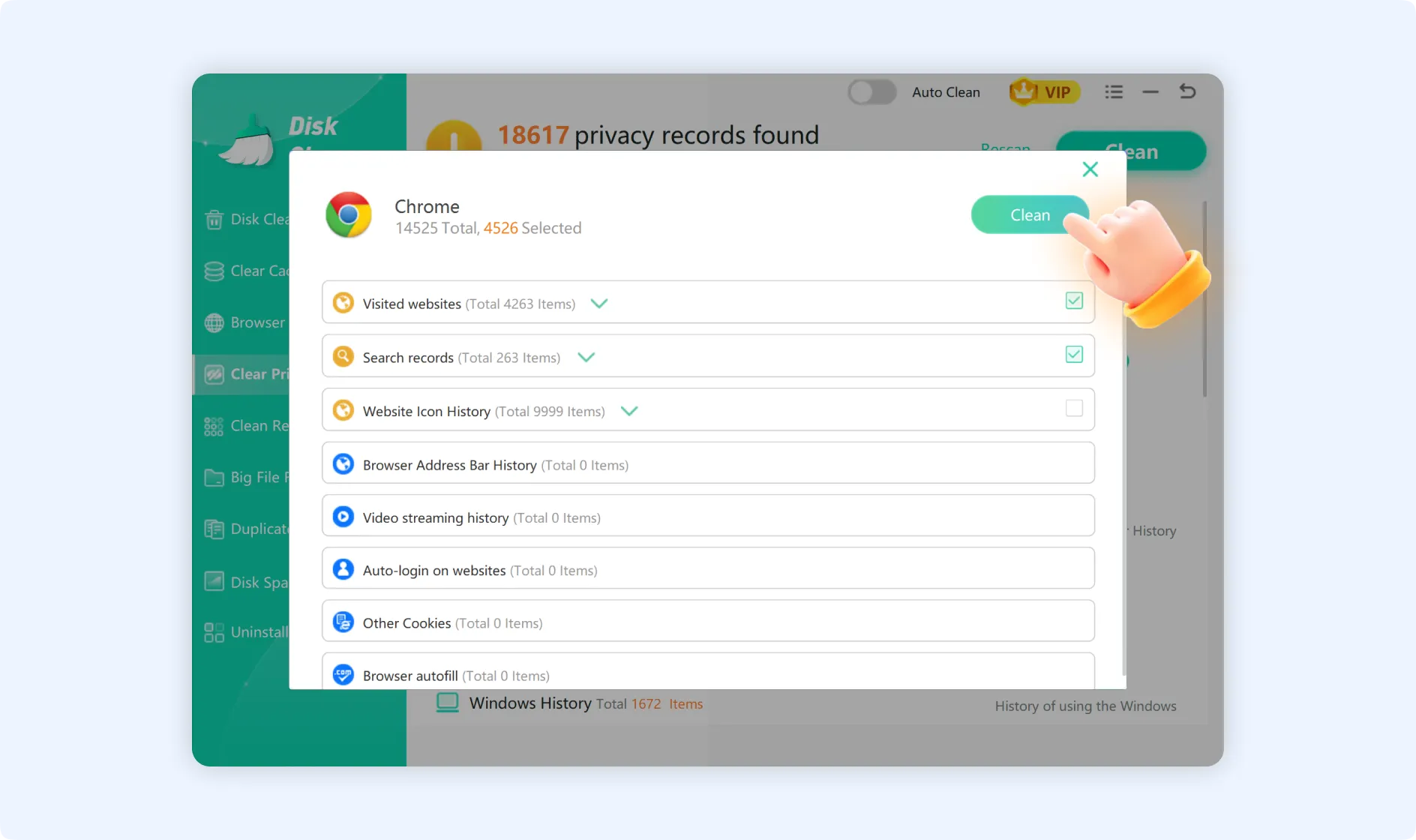 Select desired privacy items to be cleaned with Clear Privacy feature.