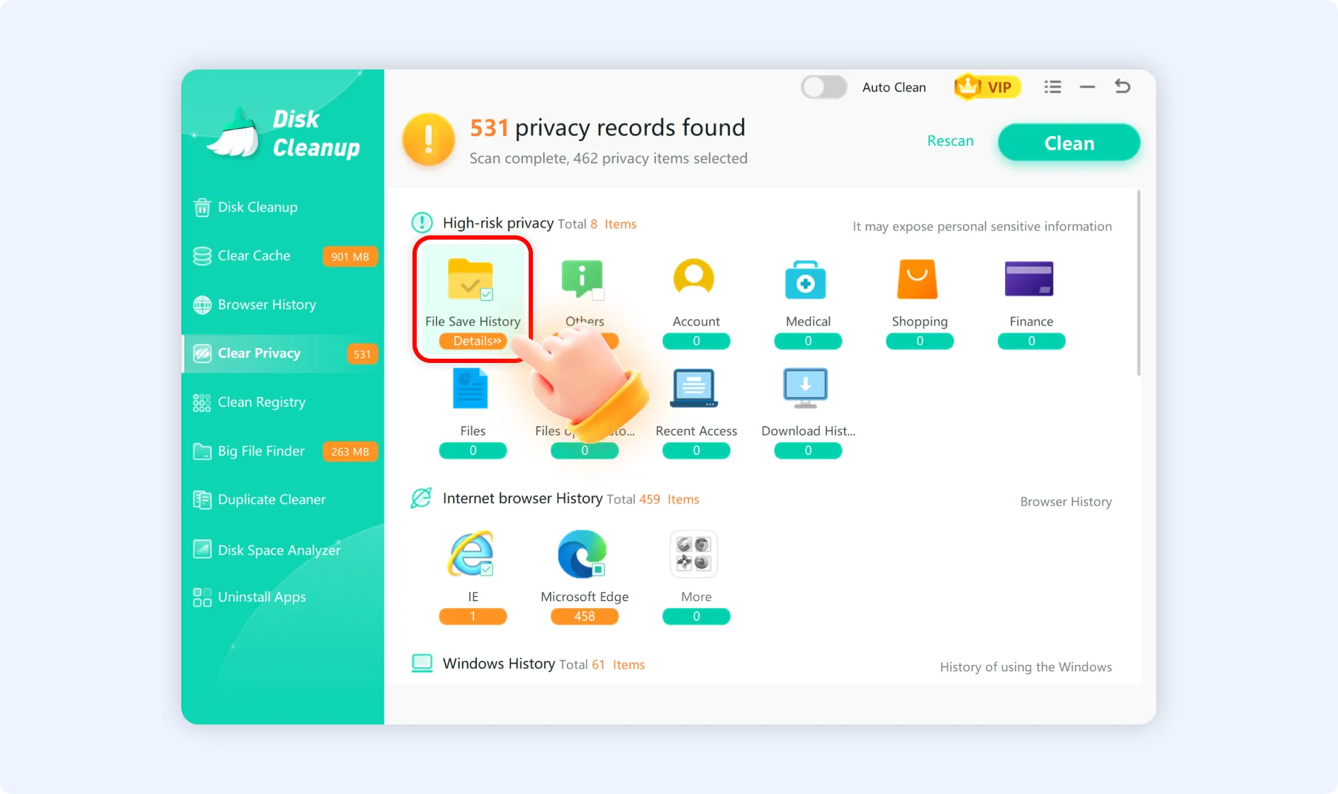 Click any privacy item to views its detailed information.