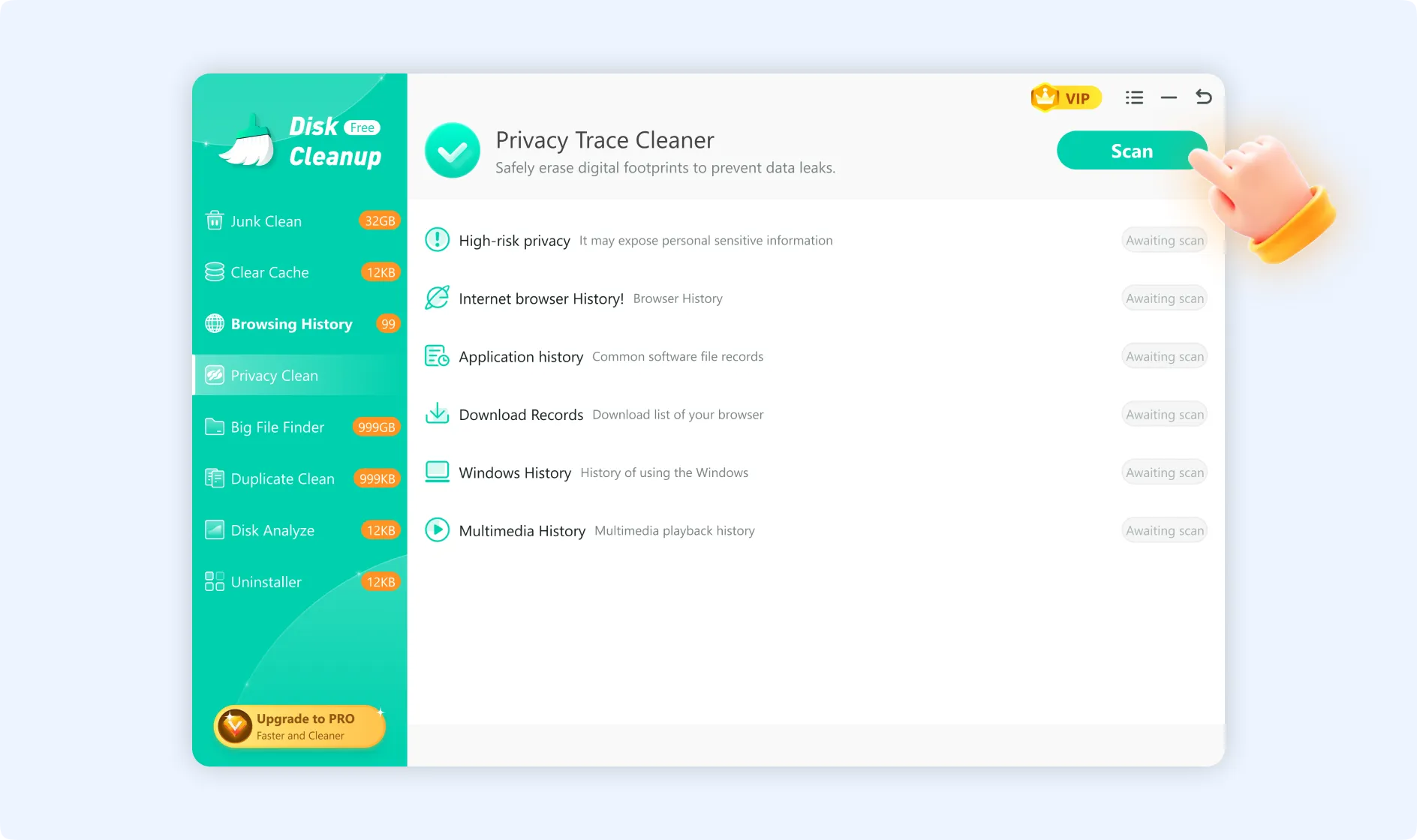 Click Clean C Drive to free up disk space with WMaster Cleanup.