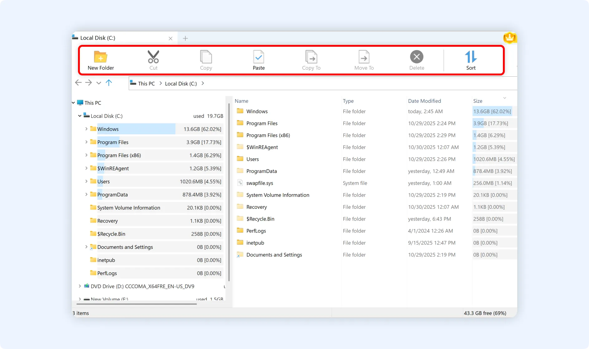 Use navigation bar to perform operations like cut, copy, delete, etc.