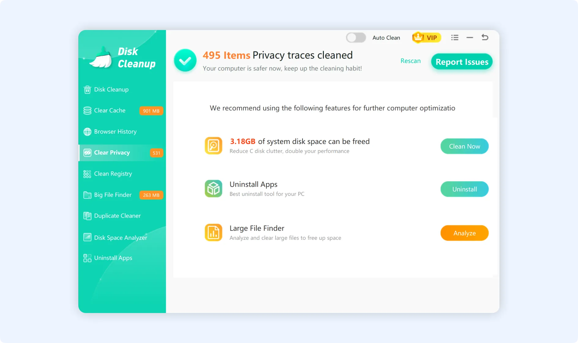 All the desired privacy items are cleaned using the Clear Privacy feature.