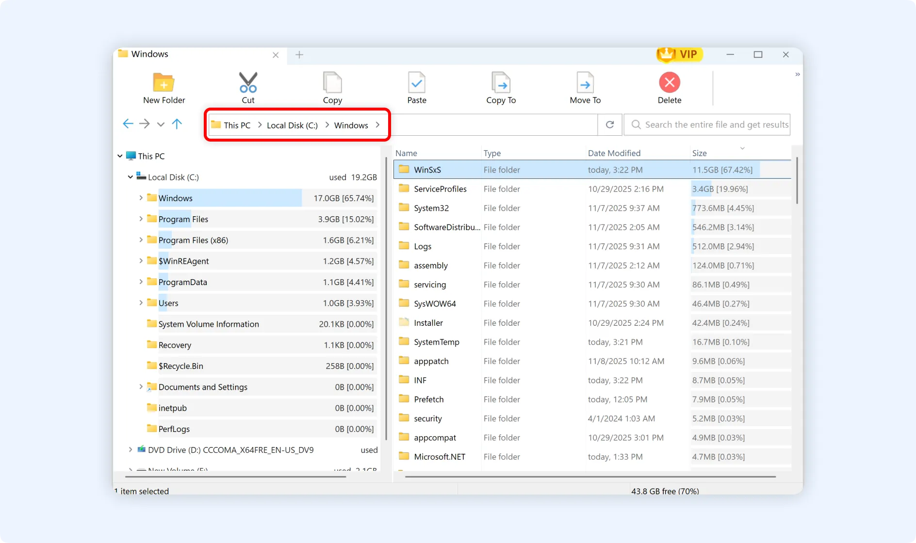 View the files and subfolders of your desired folder along with their sizes.