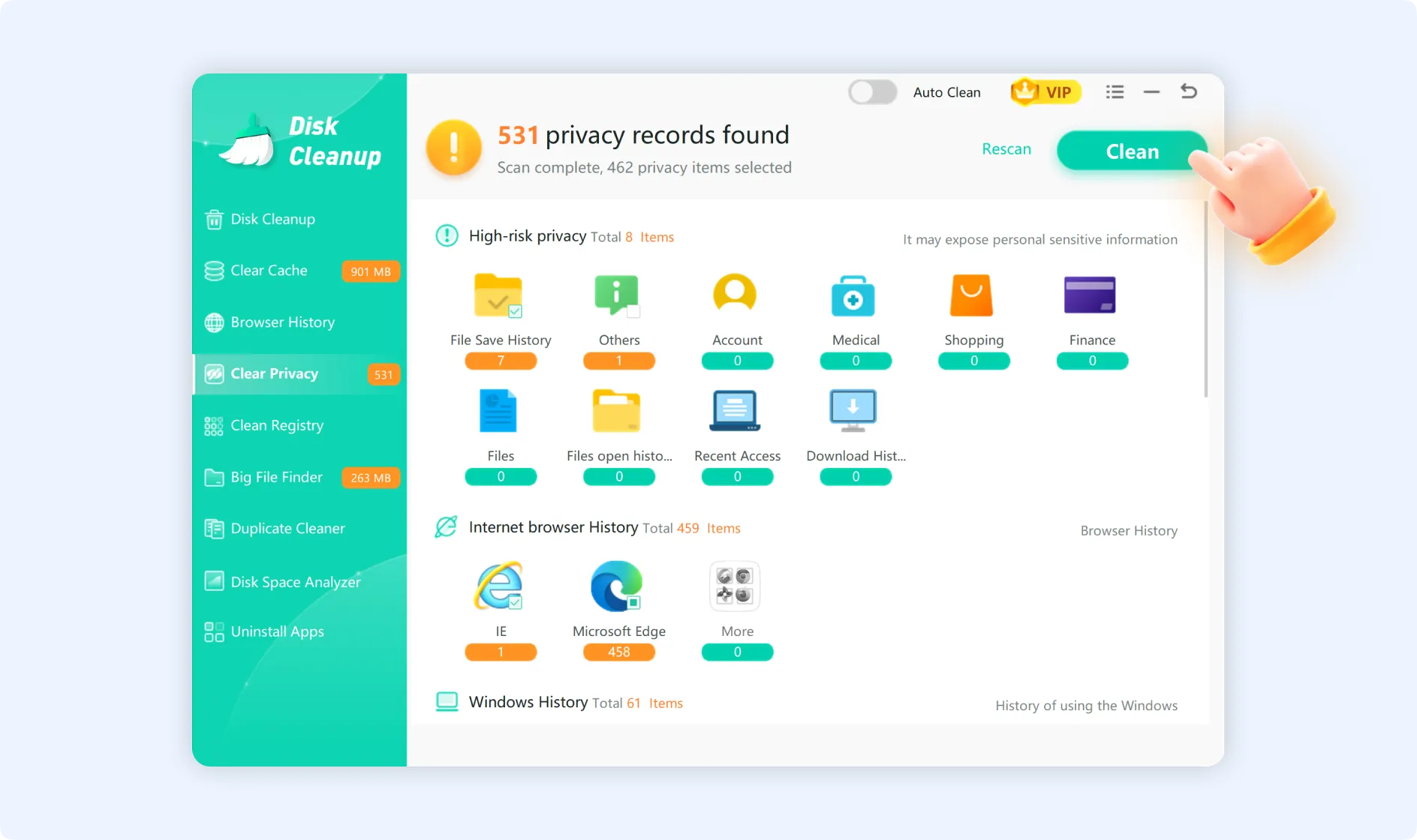  Click Clean after checking all the desired cleanable privacy items for faster PC.