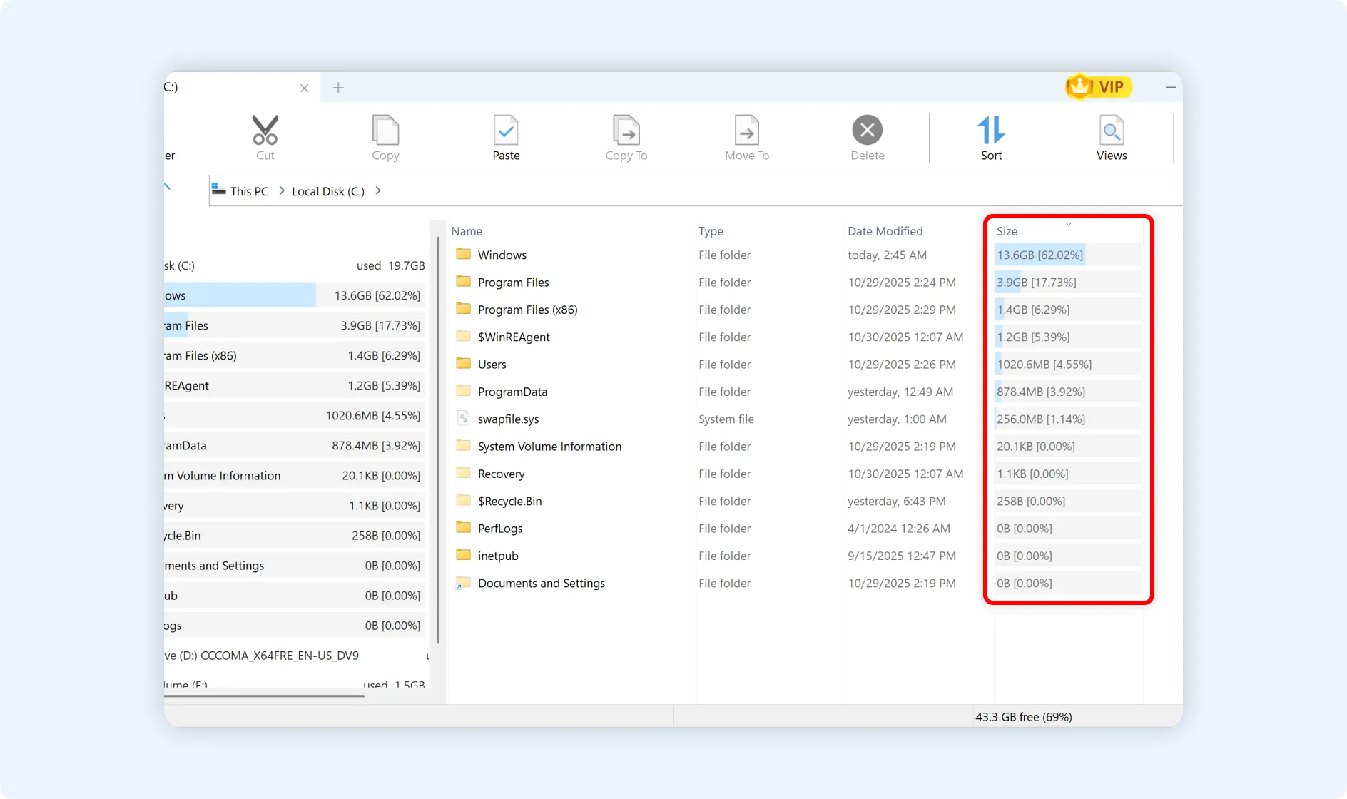 Find out the size of each file and folder to easily remove space hogs.