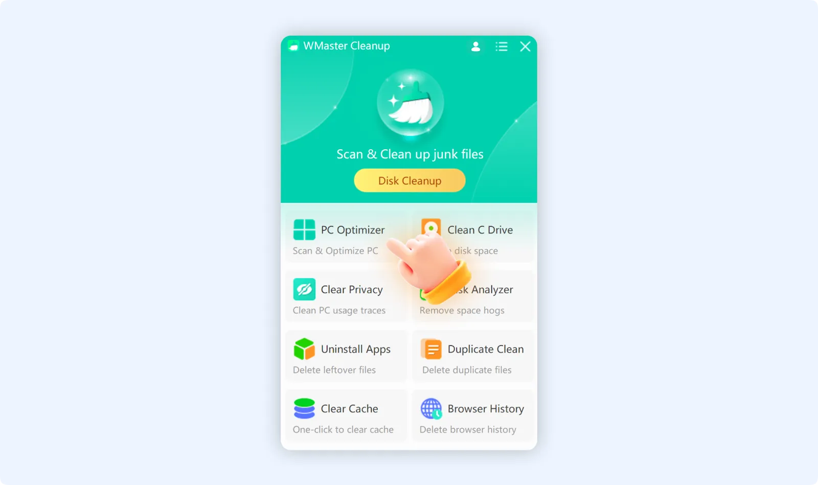 Click PC Optimizer to scan and optimize your PC with WMaster Cleanup.