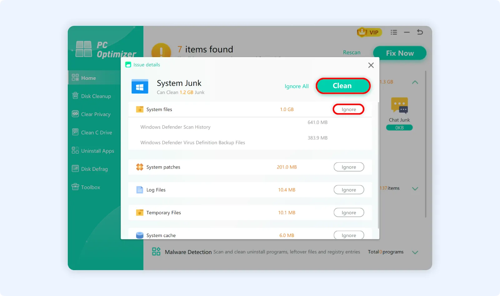 Clean or ignore desired optimizable items to make your PC faster.