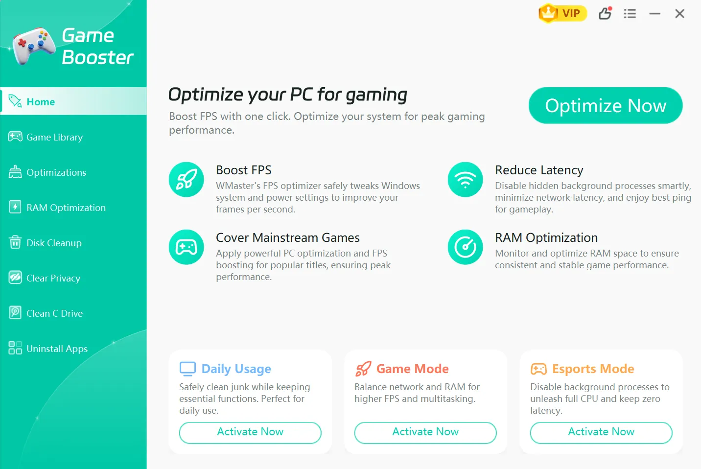 Find WMaster Cleanup's Game Booster main interface.