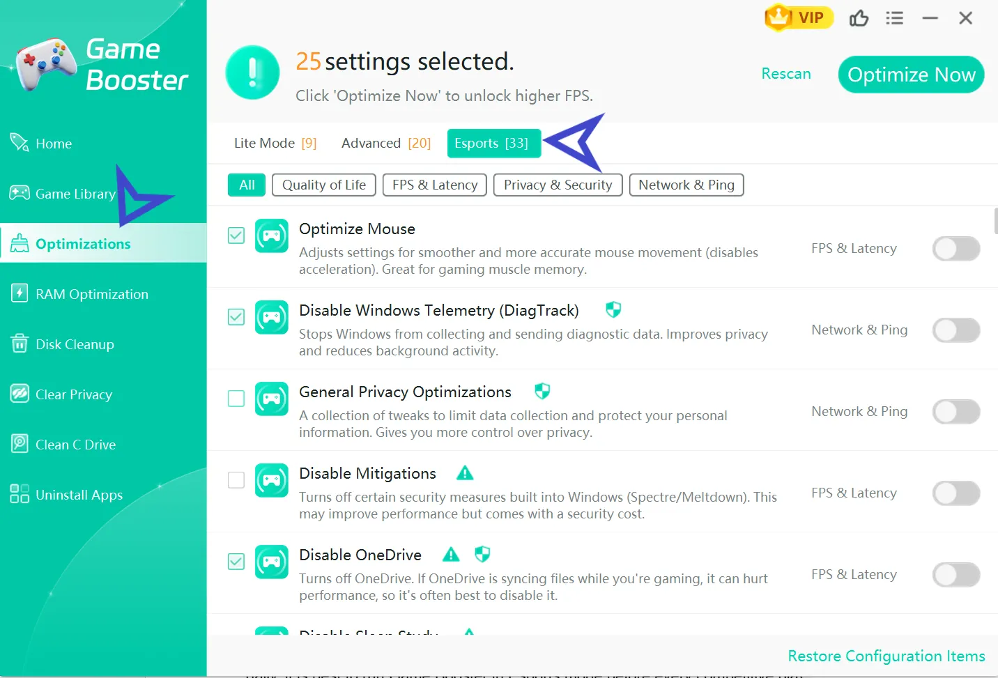 Optimizations checklist in Game Booster.