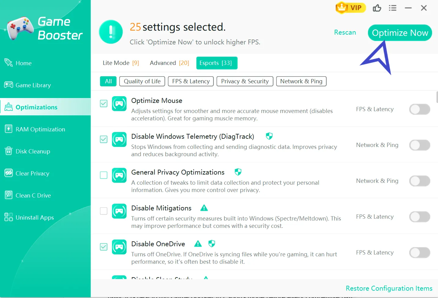 Click Optimize Now button to improve FPS and remove stutters.
