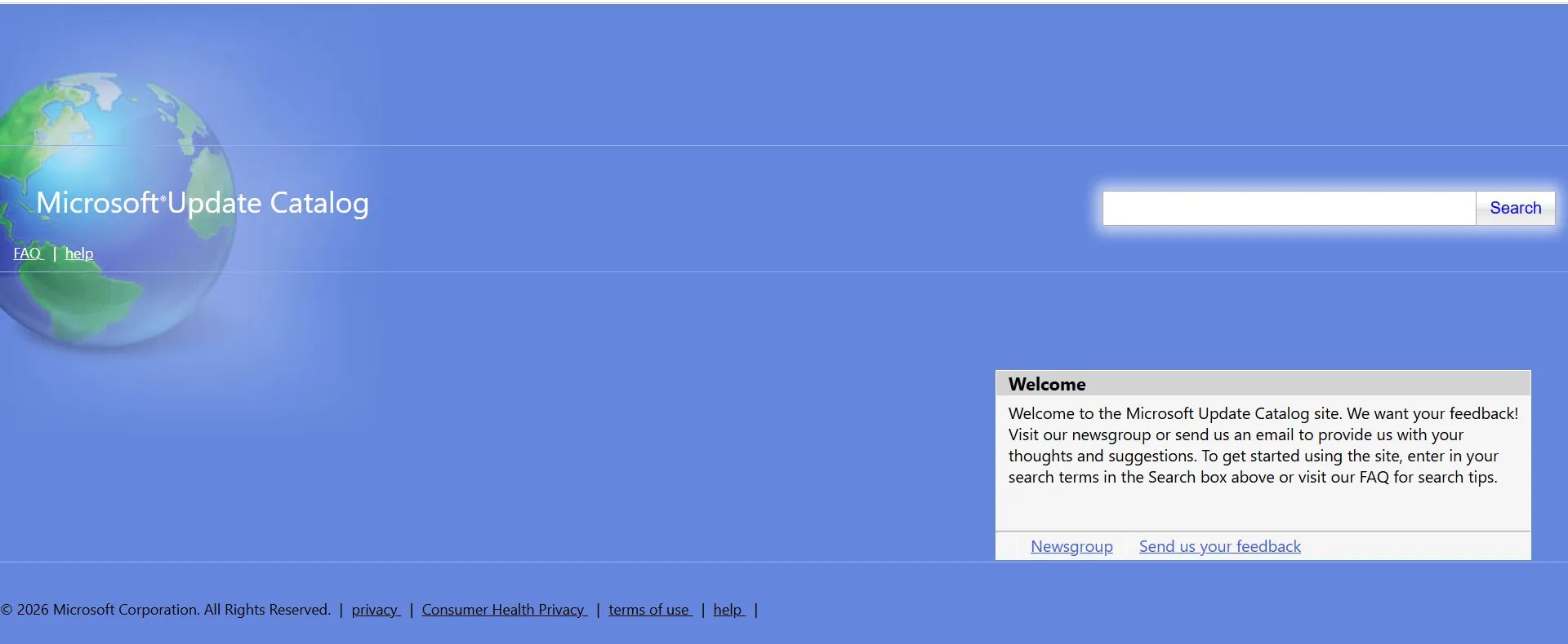 Microsoft Update Catalog homepage for downloading Windows 11 updates.