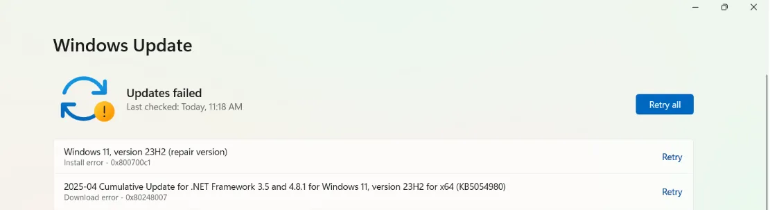 Windows 11 Update History showing failed update KB number.