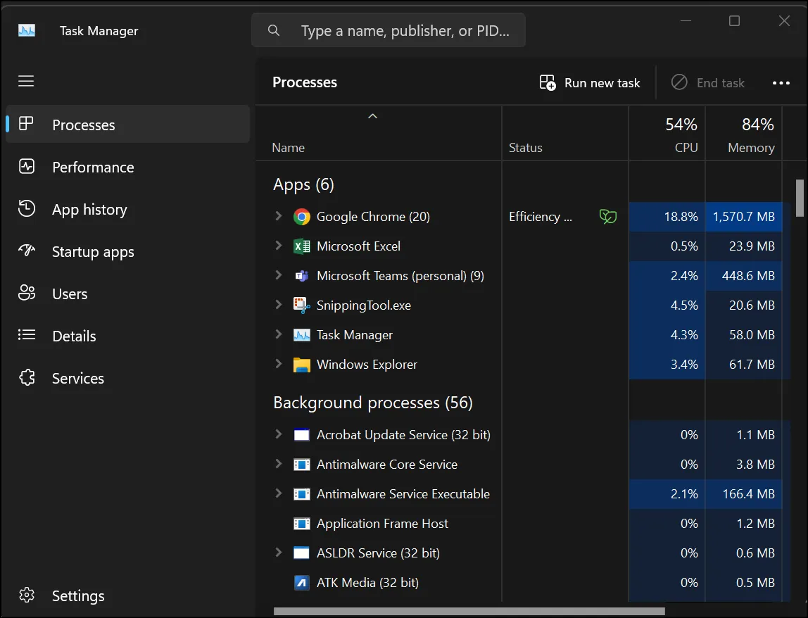 Windows Task Manager compact view with More details option.