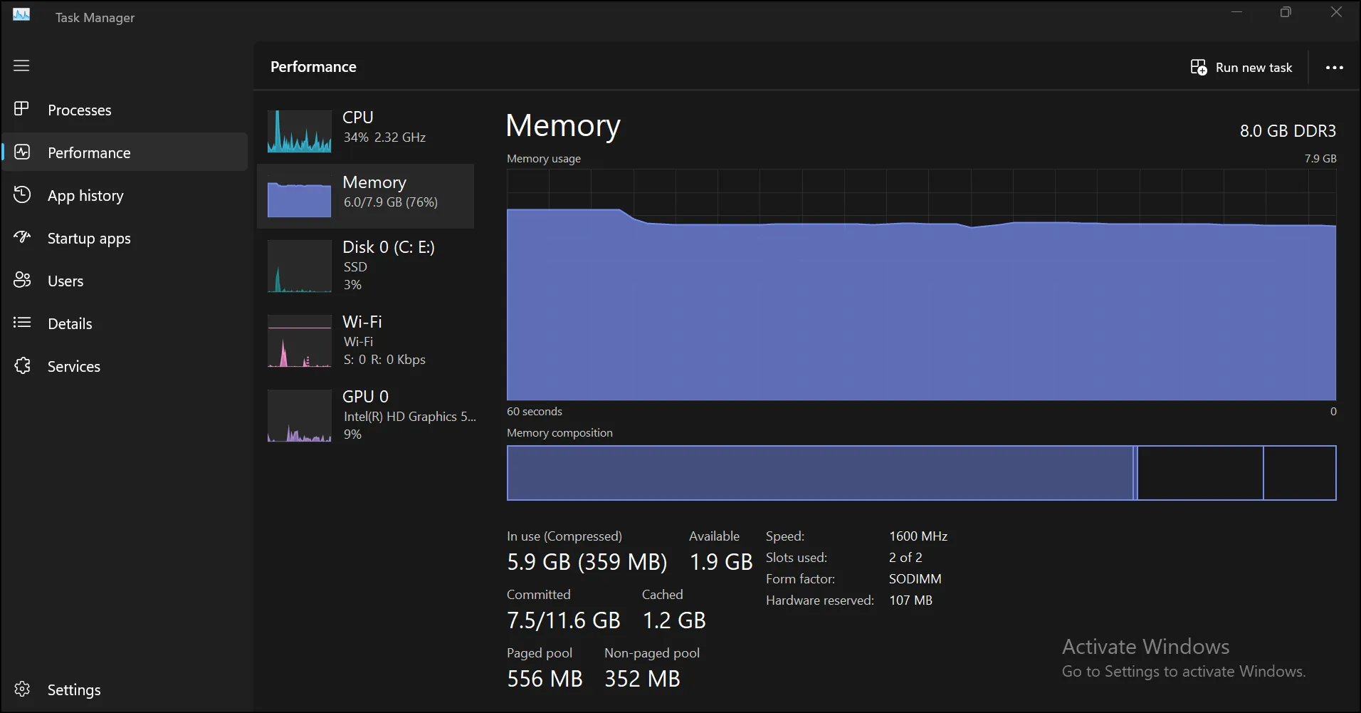 Windows 11 Task Manager Performance tab Memory view showing usage graph and stats.