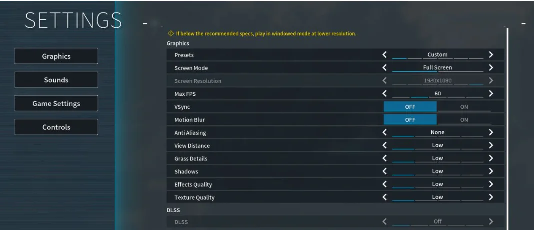 Graphics settings menu you can adjust for higher FPS.