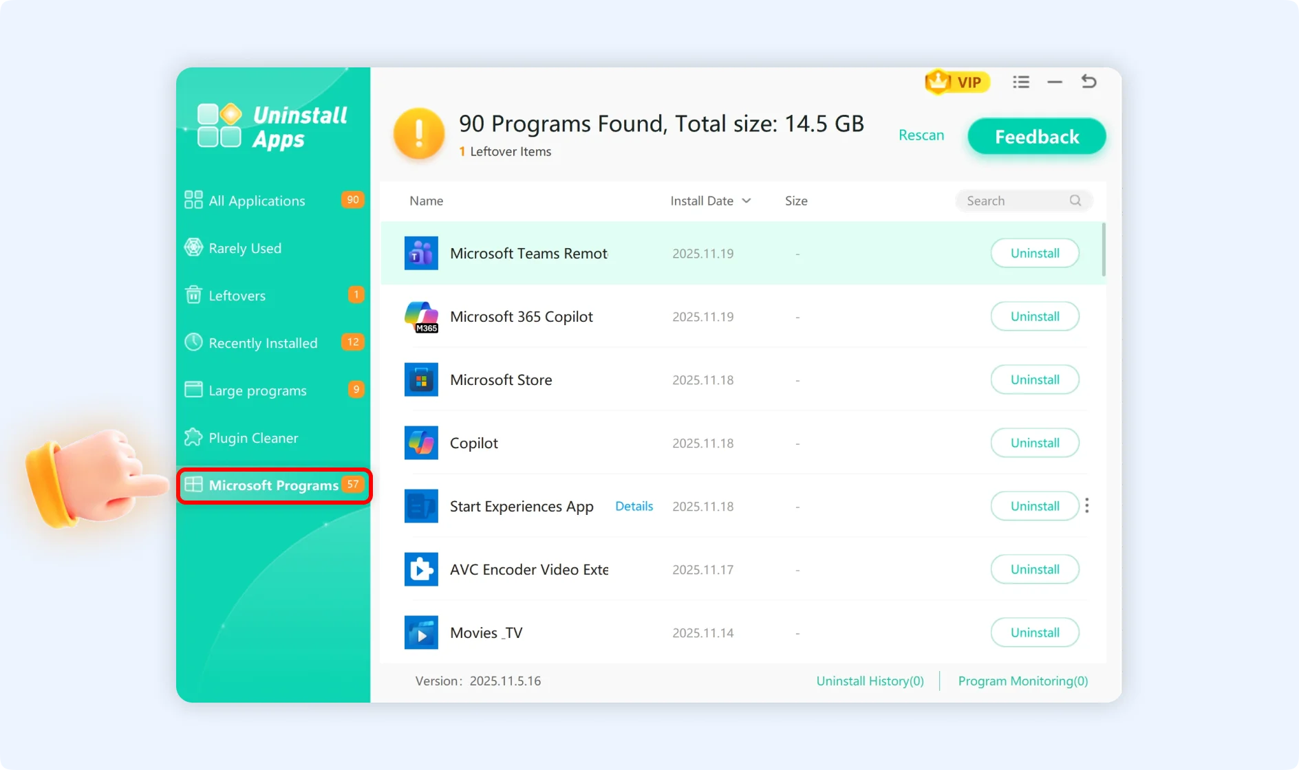 Microsoft program panel
